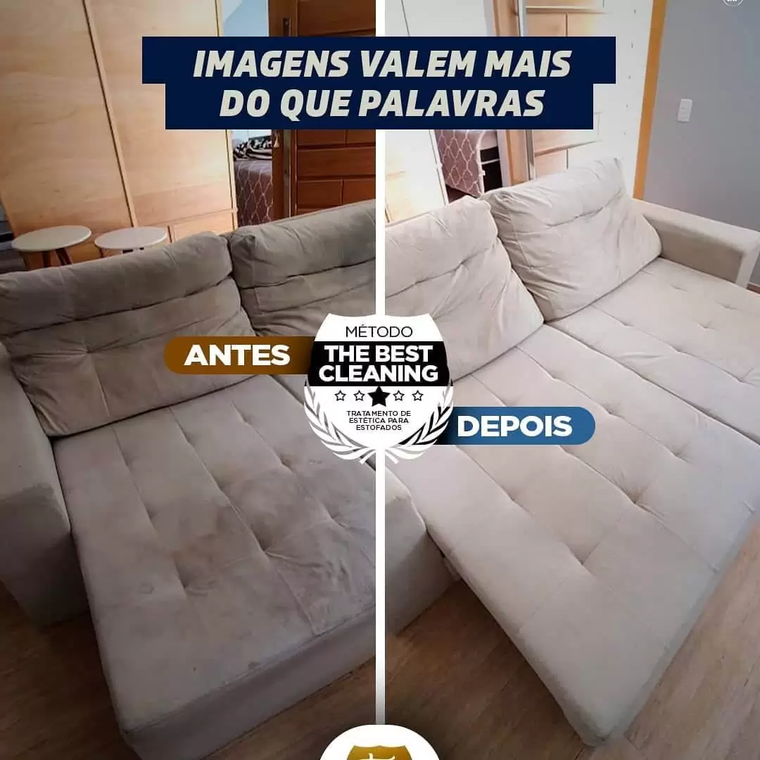 Antes e depois de sofá higienizado pela Top Limp